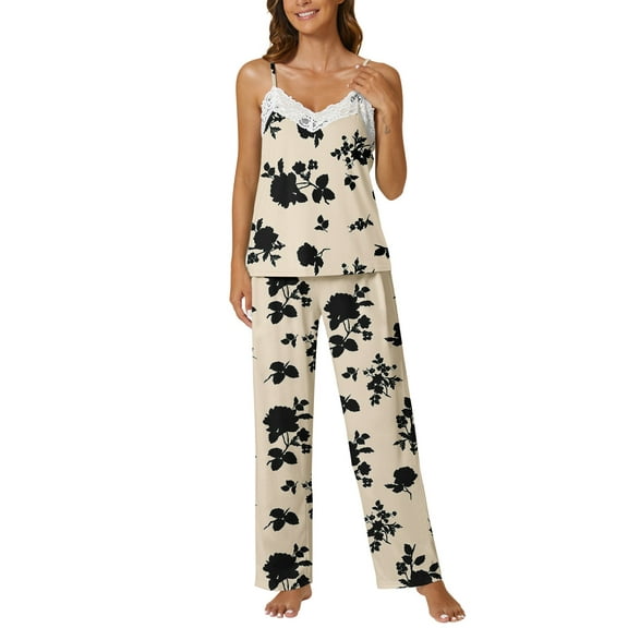 Gleelist Women Pajamas Sets 2 Piece Cami Top Pants Set V Neck Pj Lace With Pockets Soft Sleepwear