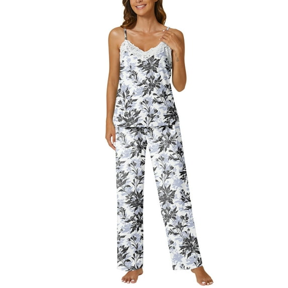 Gleelist Women Pajamas Sets 2 Piece Cami Top Pants Set V Neck Pj Lace With Pockets Soft Sleepwear