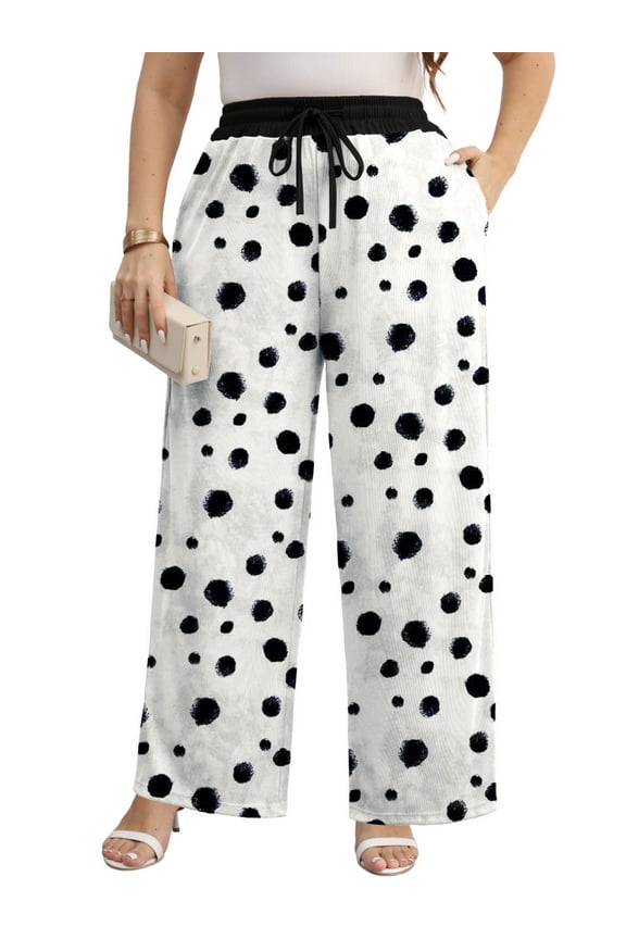 Women Plus Size Casual Drawstring Wide Leg Pants Stretchy Straight Long Trousers With Pocket XL-5XL