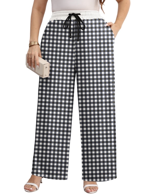 Women Plus Size Casual Drawstring Wide Leg Pants Stretchy Straight Long Trousers With Pocket XL-5XL