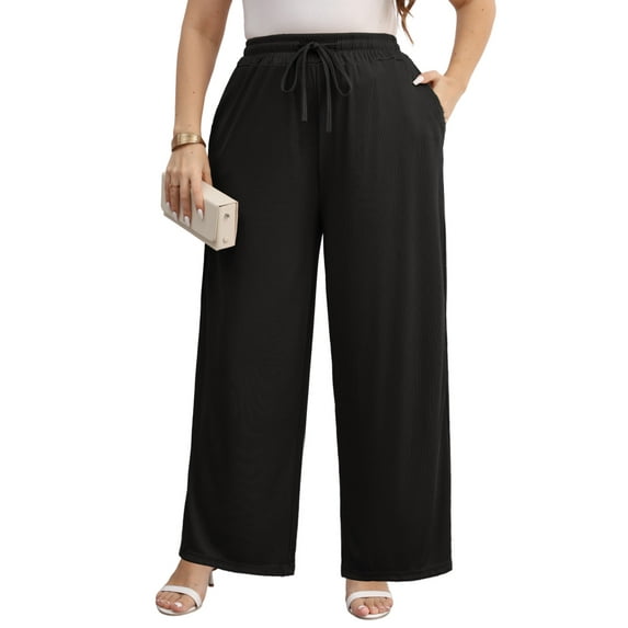 Gleelist Women Plus Size Casual Drawstring Wide Leg Pants Stretchy Straight Long Trousers With Pocket XL-5XL