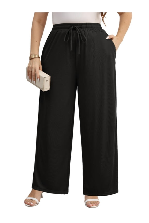 Women Plus Size Casual Drawstring Wide Leg Pants Stretchy Straight Long Trousers With Pocket XL-5XL