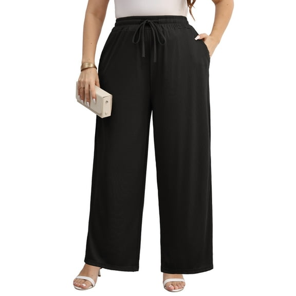 Gleelist Women Plus Size Casual Drawstring Wide Leg Pants Stretchy Straight Long Trousers With Pocket XL-5XL