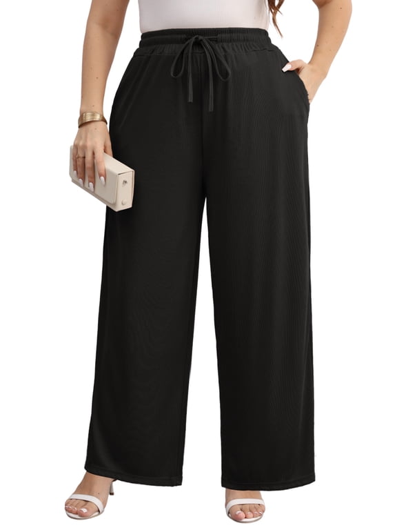 Women Plus Size Casual Drawstring Wide Leg Pants Stretchy Straight Long Trousers With Pocket XL-5XL
