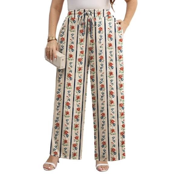 Gleelist Women Plus Size Casual Drawstring Wide Leg Pants Stretchy Straight Long Trousers With Pocket XL-5XL