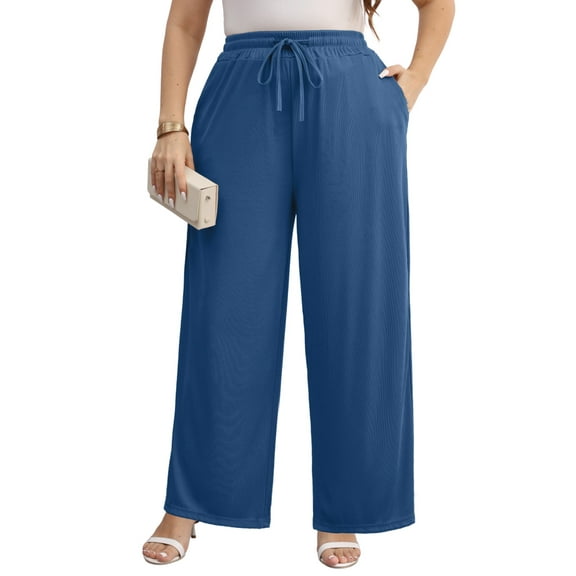 Gleelist Women Plus Size Casual Drawstring Wide Leg Pants Stretchy Straight Long Trousers With Pocket XL-5XL