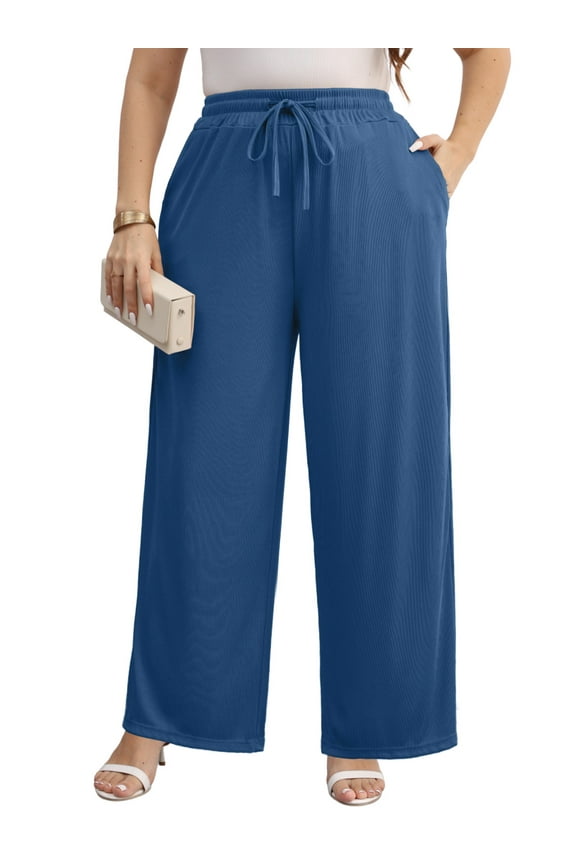 Women Plus Size Casual Drawstring Wide Leg Pants Stretchy Straight Long Trousers With Pocket XL-5XL