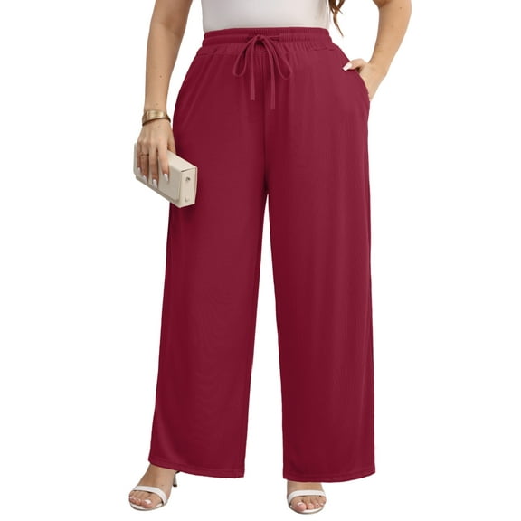Gleelist Women Plus Size Casual Drawstring Wide Leg Pants Stretchy Straight Long Trousers With Pocket XL-5XL