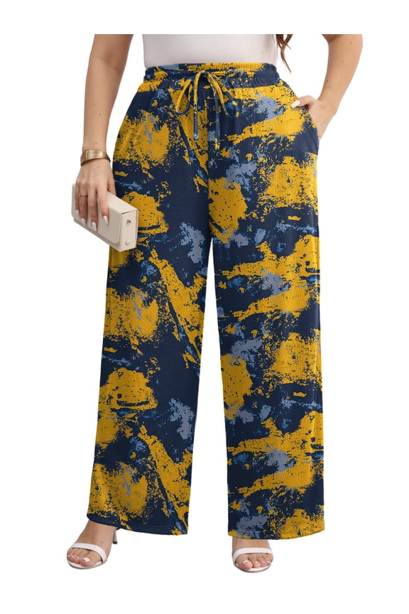 Women Plus Size Casual Drawstring Wide Leg Pants Stretchy Straight Long Trousers With Pocket XL-5XL