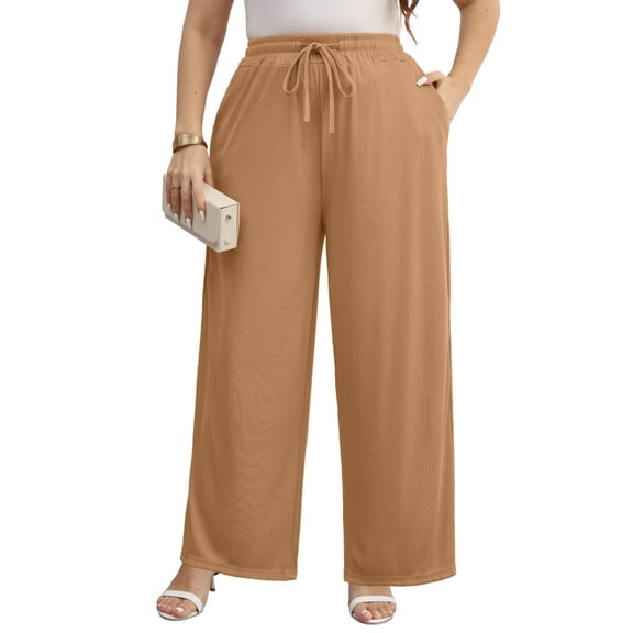 Gleelist Women Plus Size Casual Drawstring Wide Leg Pants Stretchy Straight Long Trousers With Pocket XL-5XL