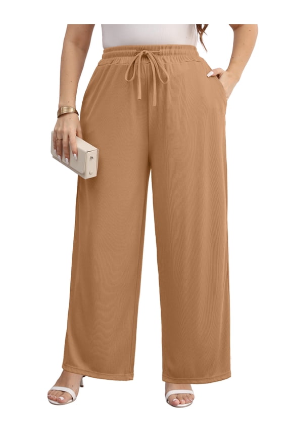 Women Plus Size Casual Drawstring Wide Leg Pants Stretchy Straight Long Trousers With Pocket XL-5XL