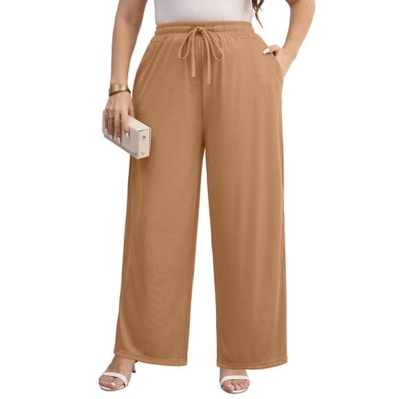 Gleelist Women Plus Size Casual Drawstring Wide Leg Pants Stretchy Straight Long Trousers With Pocket XL-5XL
