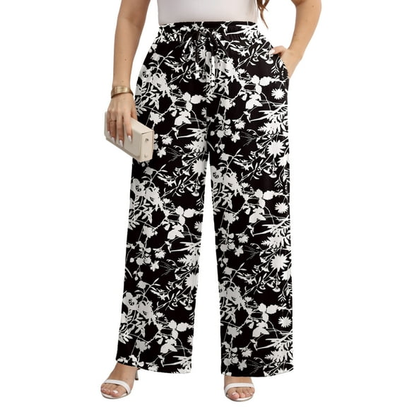 Gleelist Women Plus Size Casual Drawstring Wide Leg Pants Stretchy Straight Long Trousers With Pocket XL-5XL