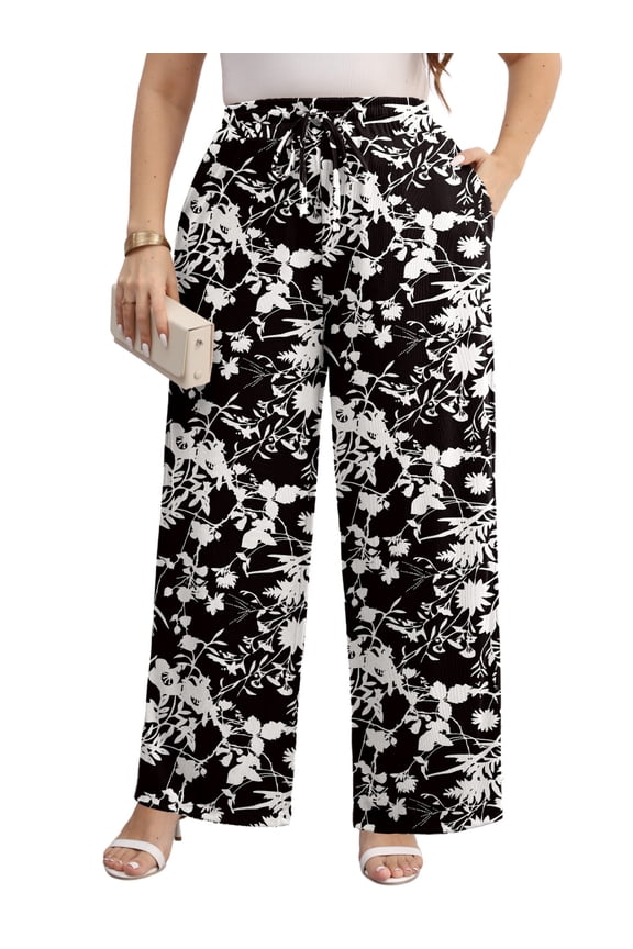 Women Plus Size Casual Drawstring Wide Leg Pants Stretchy Straight Long Trousers With Pocket XL-5XL