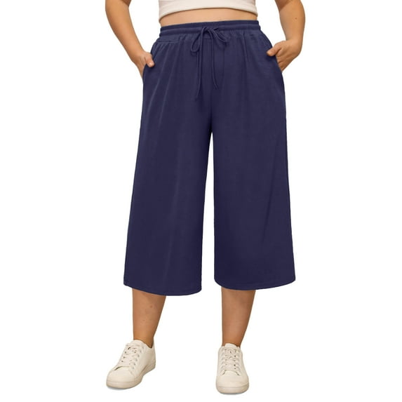Gleelist Women's Plus Size Capri Pants Stretchy Wide Leg Summer Drawstring Elastic Waist Lounge Pants With Pockets XL-5XL