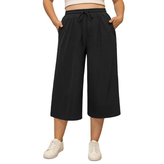 Gleelist Women's Plus Size Capri Pants Stretchy Wide Leg Summer Drawstring Elastic Waist Lounge Pants With Pockets XL-5XL