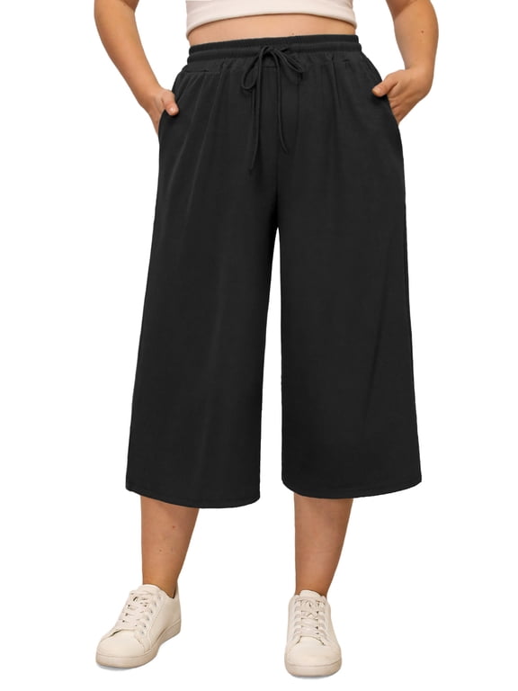 Women's Plus Size Capri Pants Stretchy Wide Leg Summer Drawstring Elastic Waist Lounge Pants With Pockets XL-5XL