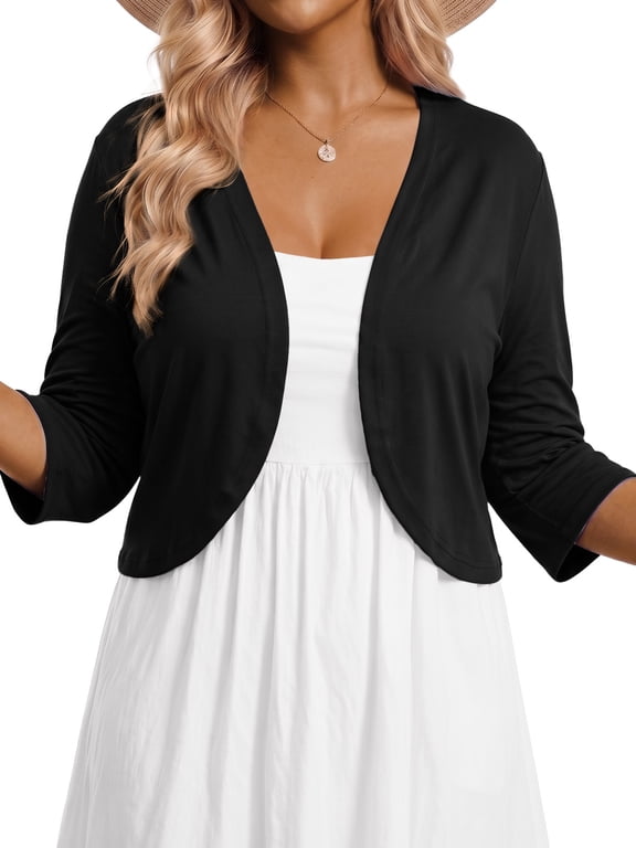 Plus Size Cropped Cardigan Bolero Shrug For Dresses 3/4 sleeve Oversized Lightweight Cardigan Sweaters For Women XL-5XL