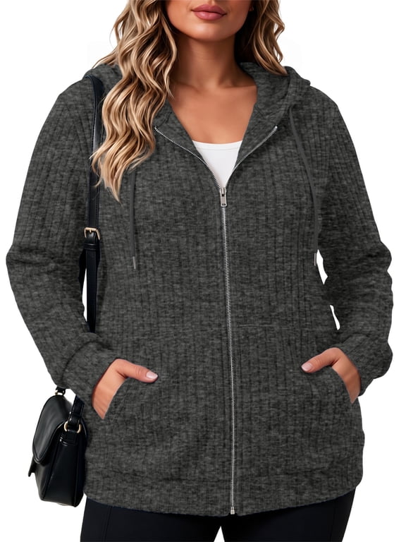 Plus Size Hoodies For Women Lightweight Long Sleeve Zip Up Hooded Sweatshirt Trendy Ribbed Knit Jackets With Pockets XL-5XL