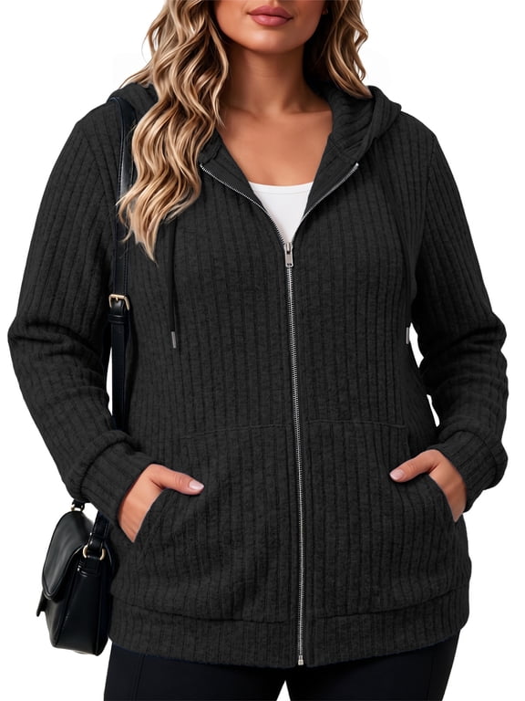 Plus Size Hoodies For Women Lightweight Long Sleeve Zip Up Hooded Sweatshirt Trendy Ribbed Knit Jackets With Pockets XL-5XL