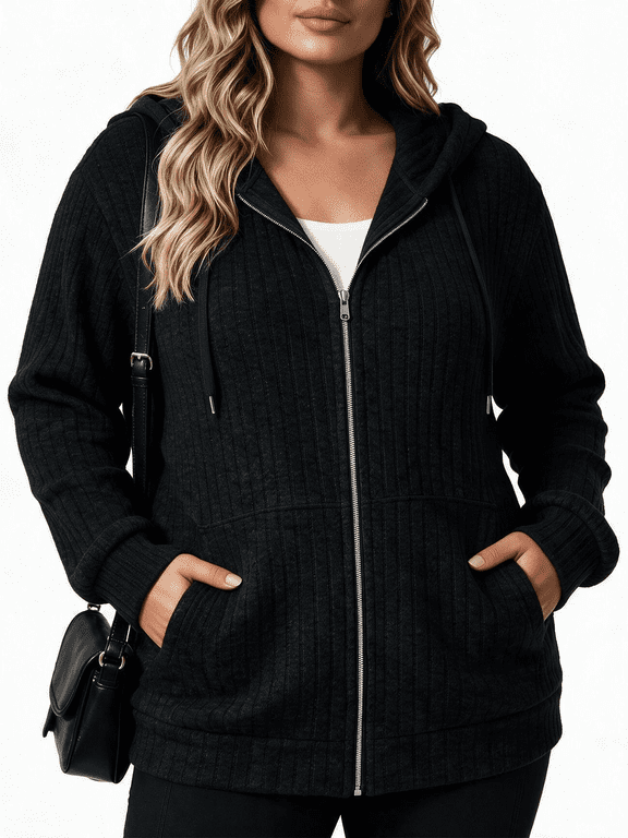 Plus Size Hoodies For Women Lightweight Long Sleeve Zip Up Hooded Sweatshirt Trendy Ribbed Knit Jackets With Pockets XL-5XL