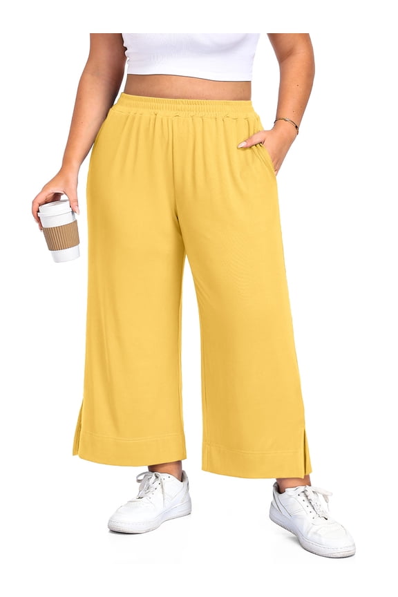 Women's Plus Size Wide Leg Pants Lightweight Casual High Waist Side Slit Flowy Lounge Trouser With Pockets XL-5XL