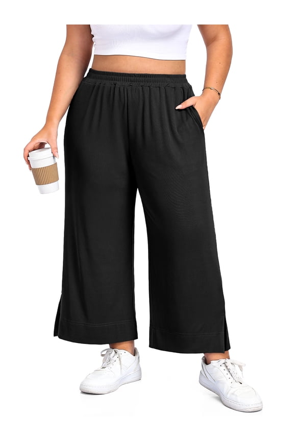 Women's Plus Size Wide Leg Pants Lightweight Casual High Waist Side Slit Flowy Lounge Trouser With Pockets XL-5XL