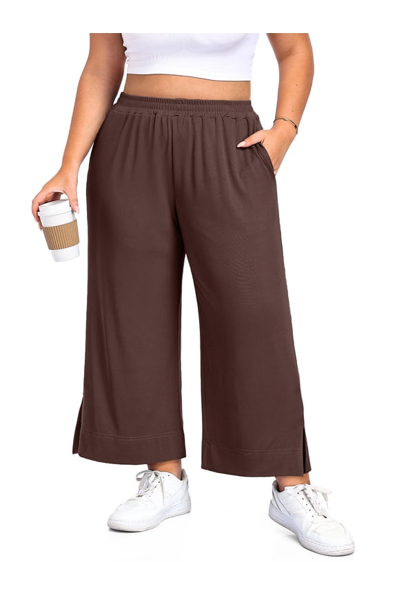 Women's Plus Size Wide Leg Pants Lightweight Casual High Waist Side Slit Flowy Lounge Trouser With Pockets XL-5XL