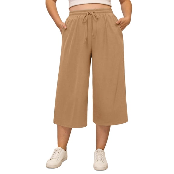 Gleelist Women's Plus Size Capri Pants Stretchy Wide Leg Summer Drawstring Elastic Waist Lounge Pants With Pockets XL-5XL