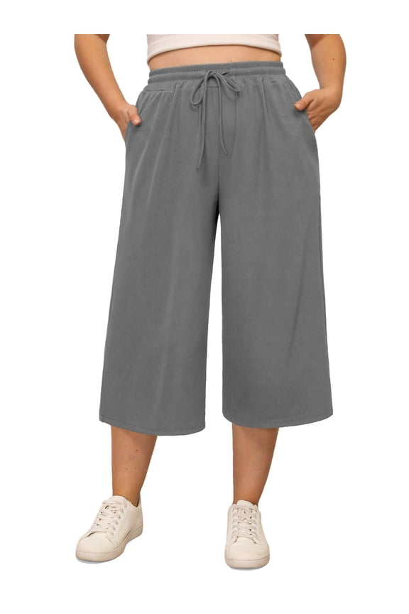 Women's Plus Size Capri Pants Stretchy Wide Leg Summer Drawstring Elastic Waist Lounge Pants With Pockets XL-5XL