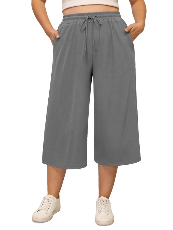 Women's Plus Size Capri Pants Stretchy Wide Leg Summer Drawstring Elastic Waist Lounge Pants With Pockets XL-5XL