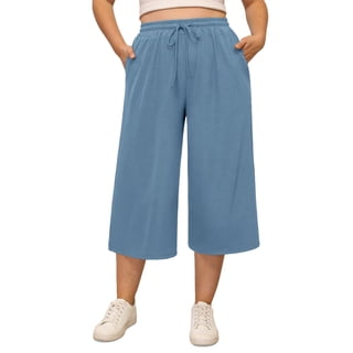 Gleelist Women's Plus Size Capri Pants Stretchy Wide Leg Summer Drawstring Elastic Waist Lounge Pants With Pockets XL-5XL