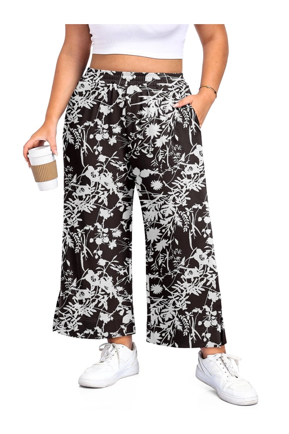 Women's Plus Size Wide Leg Pants Lightweight Casual High Waist Side Slit Flowy Lounge Trouser With Pockets XL-5XL