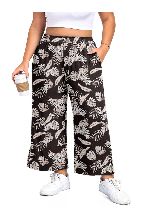 Women's Plus Size Wide Leg Pants Lightweight Casual High Waist Side Slit Flowy Lounge Trouser With Pockets XL-5XL