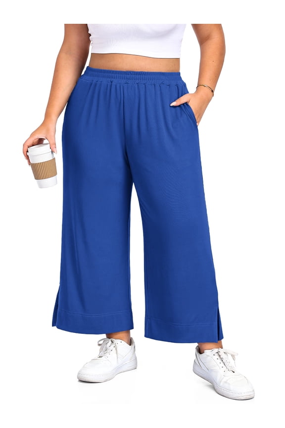 Women's Plus Size Wide Leg Pants Lightweight Casual High Waist Side Slit Flowy Lounge Trouser With Pockets XL-5XL