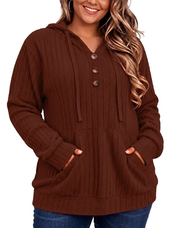 Plus Size Hoodies for Women Lightweight Long Sleeve Oversized Sweatshirt Fall Henley Neckline Pullover Sweaters with Pockets XL-5XL