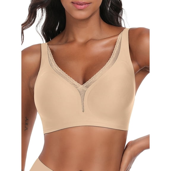 Gleelist Womens Lace Deep V Bras Soft Bras For Women Wirefree Jelly Bras No Underwire Tshirt Push Up Bralettes S-3XL