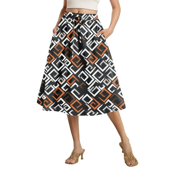 Gleelist Womens Midi Skirts with Pockets A-Line Casual High Waist Elastic Western Flowy Skirts for Women S-XXL
