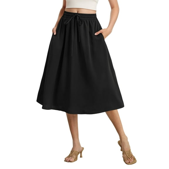 Gleelist Womens Midi Skirts with Pockets A-Line Casual High Waist Elastic Western Flowy Skirts for Women S-XXL