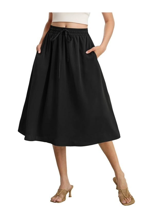 Womens Midi Skirts with Pockets A-Line Casual High Waist Elastic Western Flowy Skirts for Women S-XXL