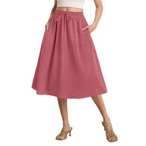 Gleelist Womens Midi Skirts with Pockets A-Line Casual High Waist Elastic Western Flowy Skirts for Women S-XXL