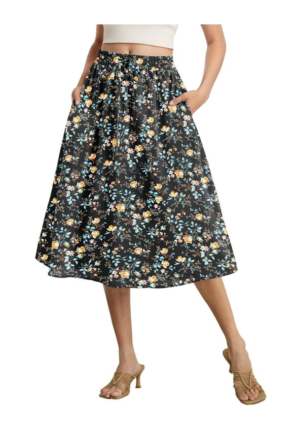 Womens Midi Skirts with Pockets A-Line Casual High Waist Elastic Western Flowy Skirts for Women S-XXL