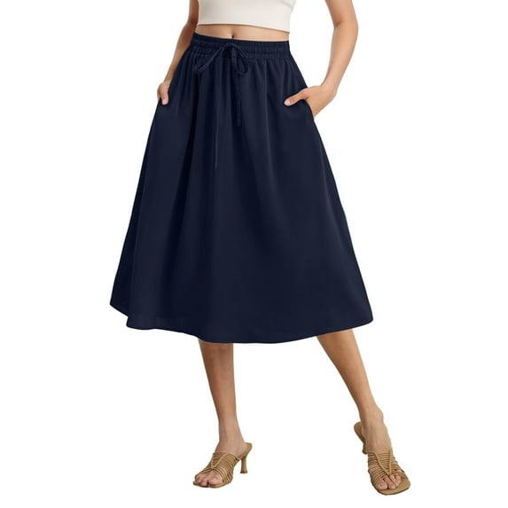 Gleelist Womens Midi Skirts with Pockets A-Line Casual High Waist Elastic Western Flowy Skirts for Women S-XXL