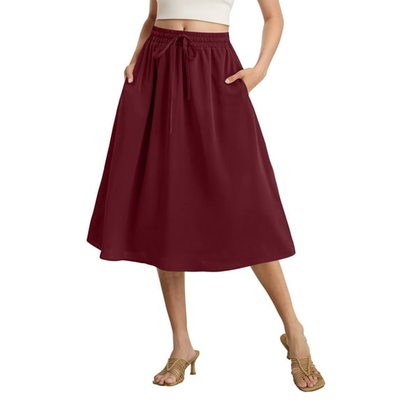 Gleelist Womens Midi Skirts with Pockets A-Line Casual High Waist Elastic Western Flowy Skirts for Women S-XXL