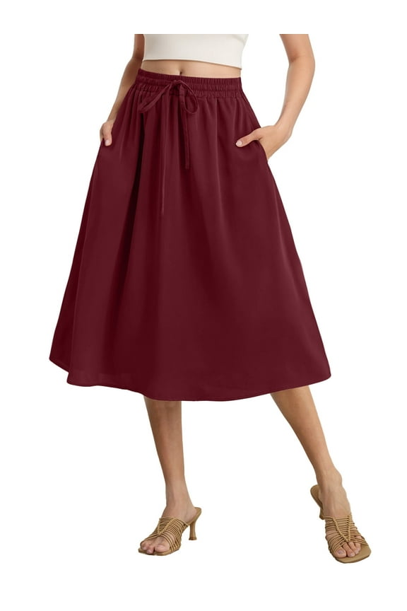 Womens Midi Skirts with Pockets A-Line Casual High Waist Elastic Western Flowy Skirts for Women S-XXL