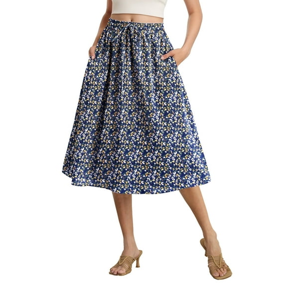 Gleelist Womens Midi Skirts with Pockets A-Line Casual High Waist Elastic Western Flowy Skirts for Women S-XXL