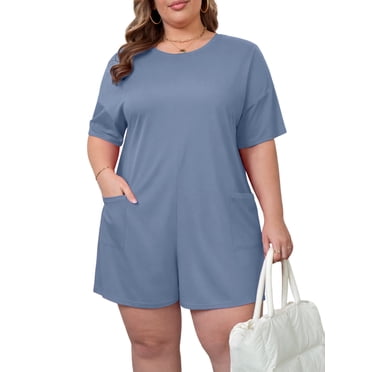 Gleelist Plus Size Rompers For Women Casual Fit Shot Tee Summer Romper Short Jumpsuits For Women Stretchy Overalls with Pockets XL-5XL