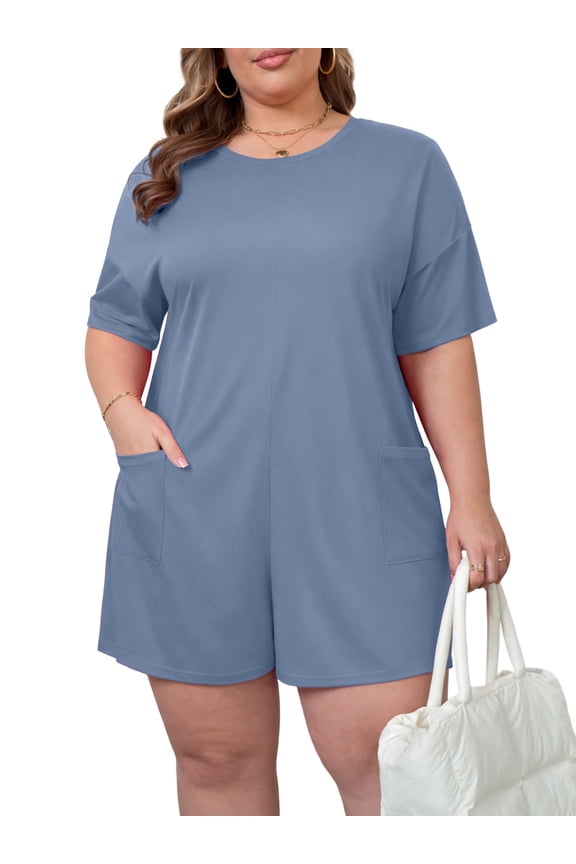 Womens Plus Size Jumpsuit Loose Fit Summer Outfits Short Sleeved Shorts Romper For Women Stretchy Overalls with Pockets XL-5XL
