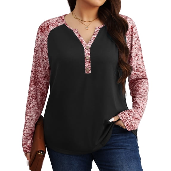 Gleelist Womens Plus Size Long Sleeve Henley Tops V Neck Casual Loose Fit Shirts Blouses Trendy Clothes XL-5XL