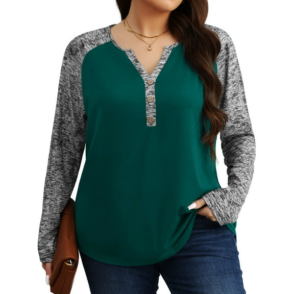 Gleelist Womens Plus Size Long Sleeve Henley Tops V Neck Casual Loose Fit Shirts Blouses Trendy Clothes XL-5XL